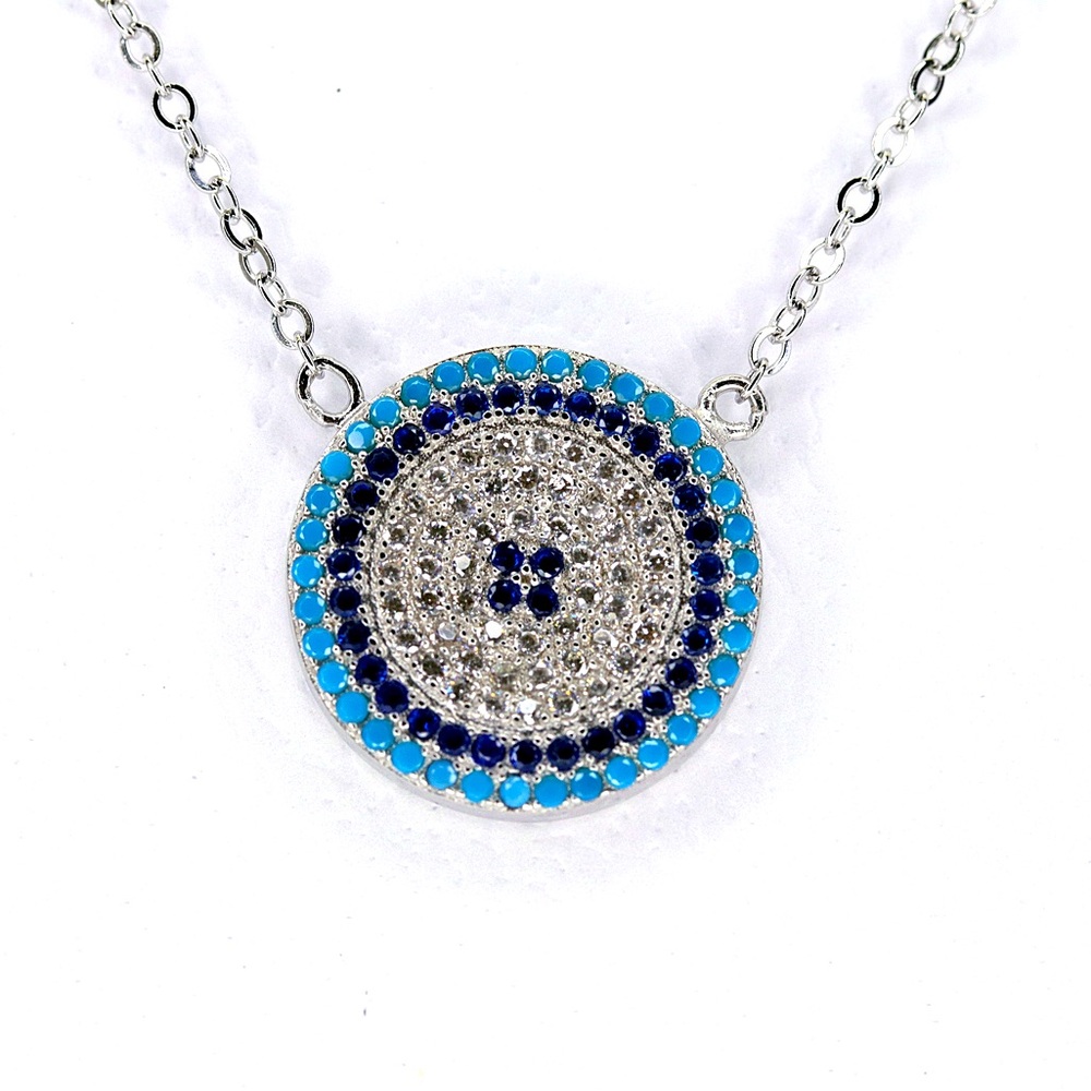 Sterling Silver Evil Eye Necklace with Blue and White Zirconia